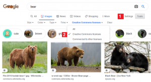 Image displays Google images search result for bears with Tools and Creative Commons Licenses options numbered 1 and 2