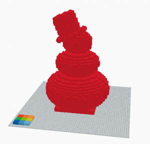 3D model of a red snowman with a hat in Tinnkercad BLOCK view
