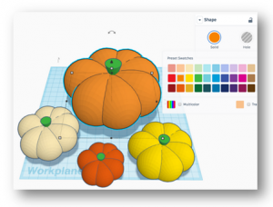 Tinkercad workplane with 4 models of pumpkins