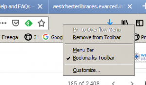 Right click menu to area to the right of the address bar to Add Bookmarks Toolbar to Firefox display