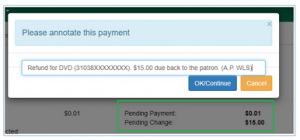 Payment Annotation Popup Window