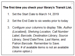 Text that lists steps for checking for the fist time. Set the Start date to March 14, 2019. Set the end date to one month before today's date. Configure your columns. Add Shelving Location, Call Number Label, Last Name , and Patron Barcode. Remember to save.