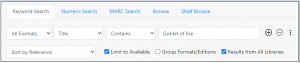 This image displays the Evergreen Experimental Catalog Search interface with basic search options. It shows Advanced Search and other search links.