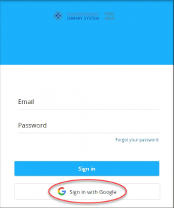 SolrWinds Support Desk sign-in form with bright blue accents. A red circle over the Sign in with Google botton at the bottom of the graphic points out where to click.
