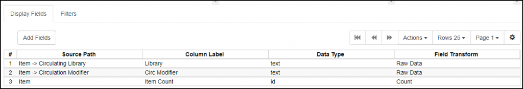 Screen shot of Circ Mods Used template display fields list