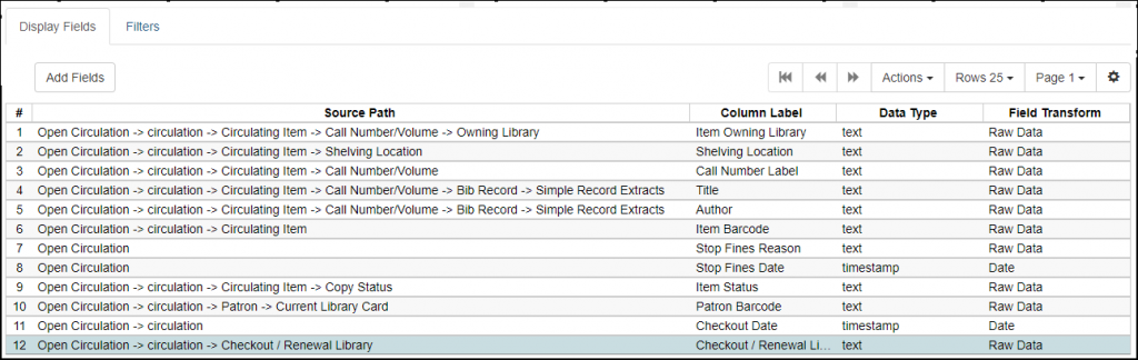 Screen shot of display fields in the Claims Returned by Checkout library template