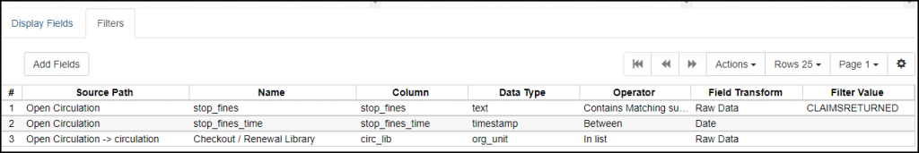Screen shot of the filters list in the Claims Returned by Checkout library template