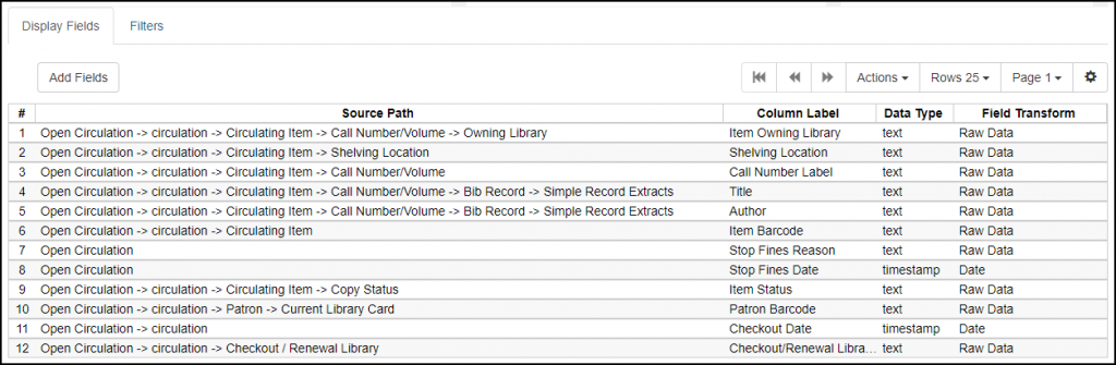 Screen shot of Claims Returned by Owning Library template display fields