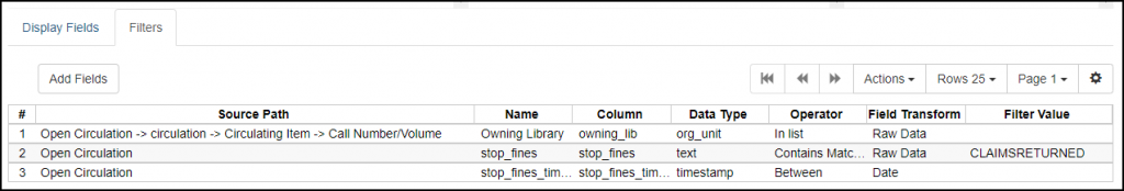 Screen shot of Claims Returned by Owning Library template filters