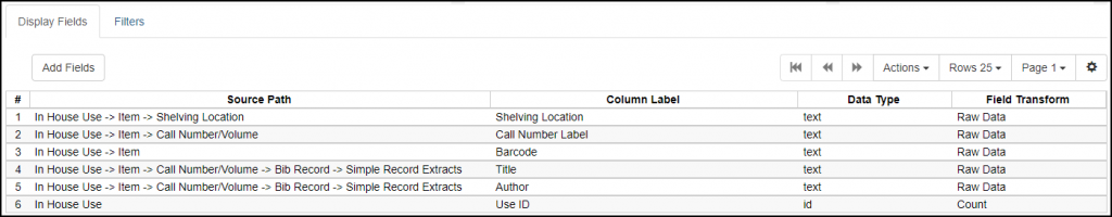 Screen shot of In House Use template display fields list