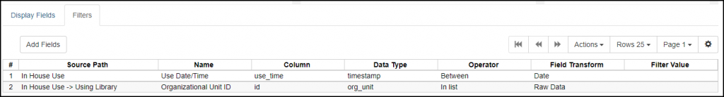 Screen shot of In House Use template filters list