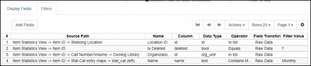 Screenshot of filters list in template