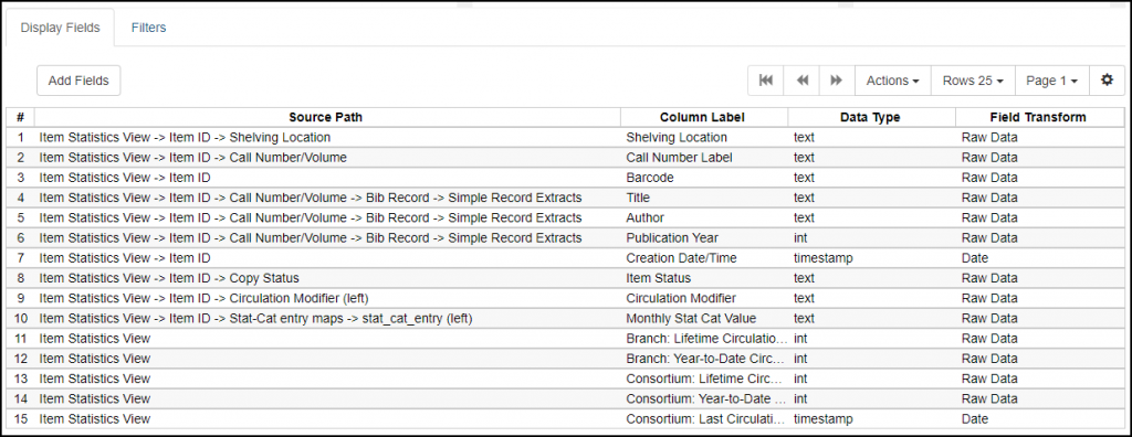 Screen shot of display fields list in the Evergreen reporter