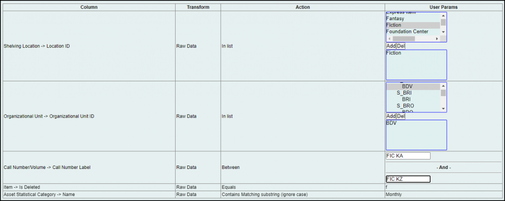 Screen shot of report filter values with fiction call numbers