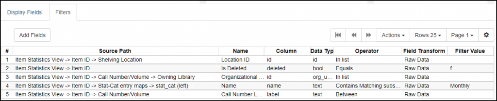 Screen shot of template filters list in the Evergreen reporter