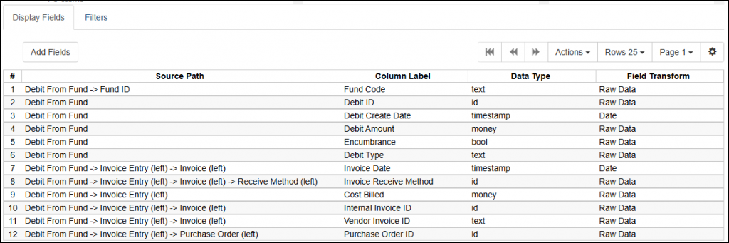 Screenshot of All Debits from Fund report template display fields