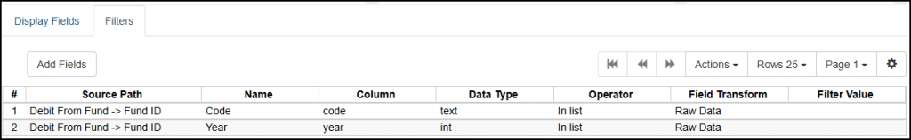 Screenshot of All Debits from Fund report template filters 