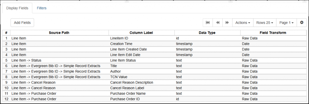 Screenshot of Cancelled Line Items report template display fields