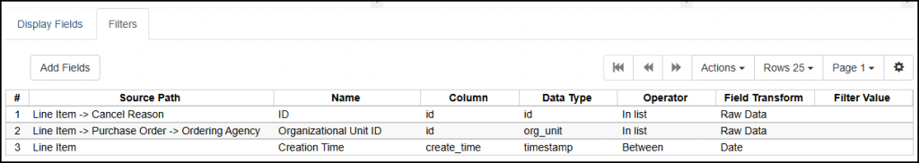 Screenshot of Cancelled Line Items report template filters